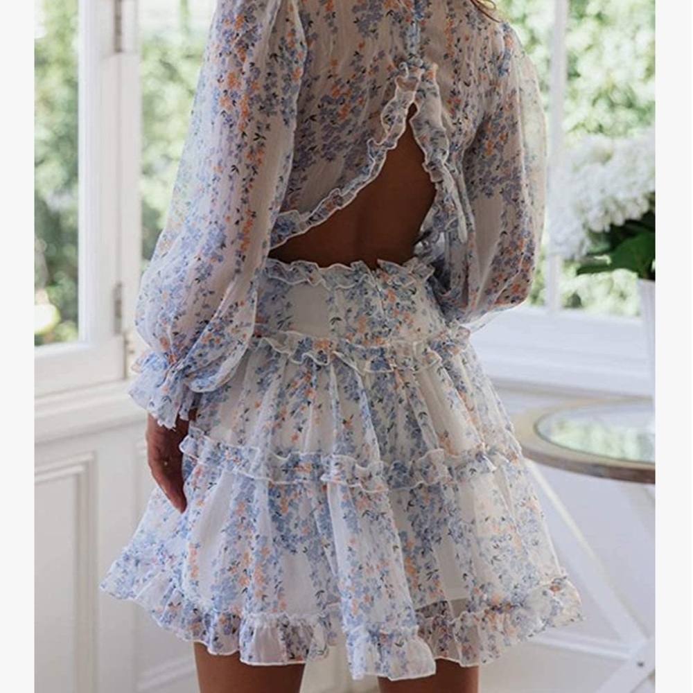 V Neck Long Sleeve Open Back Printed Mini Dress - Picture 3 of 8